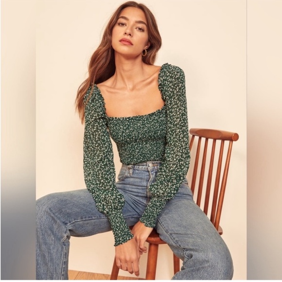 Reformation Tops - Reformation green Floral Green Smocked Top NWT
